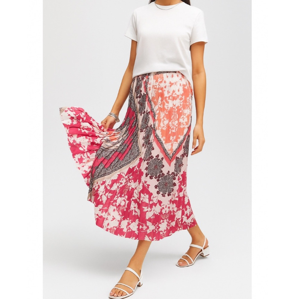 Chico’s Size 00P XS/2 Boho Patchwork Pleated Maxi Skirt – Pink Coral Black Print